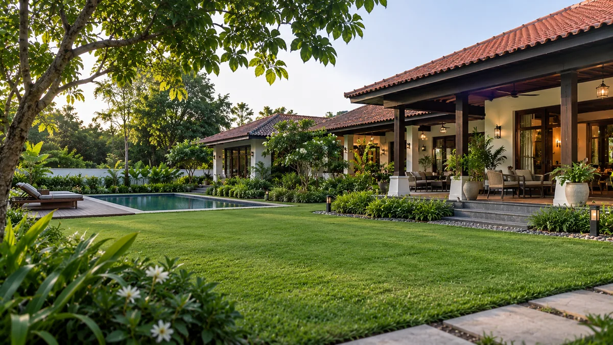 Farm house with a tiled roof, deep verandah and lawn
