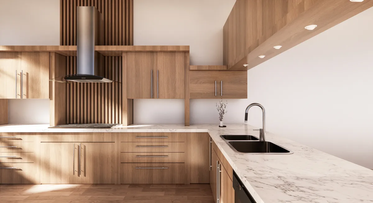 Kitchen with warm wood cabinets and a marble countertop
